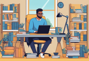 A recent graduate sits at a desk, surrounded by books, learning how to build wealth
