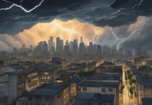 A stormy sky looms over a city skyline, with dark clouds casting shadows on buildings. Lightning strikes symbolizing the looming threat of credit default risk for lenders