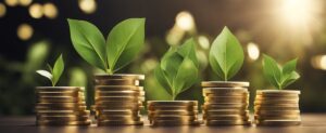 Stacks of gold coins and plants growing out of them to symbolize the growth in value of gold as it provides a real return in investors' portfolios. 