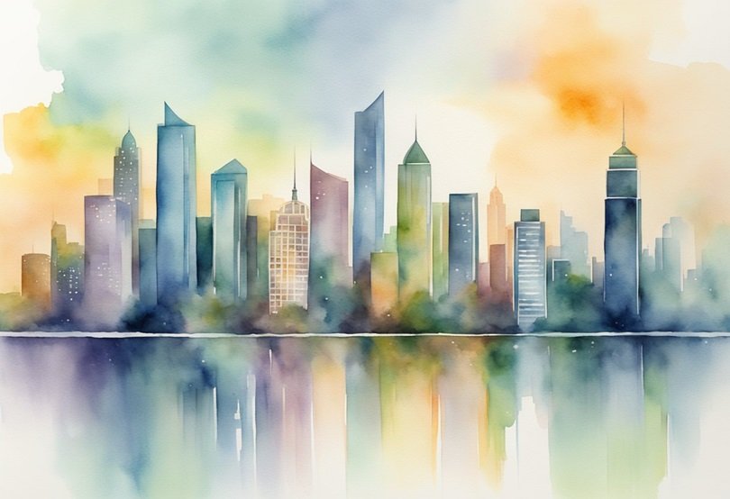 A modern city skyline with skyscrapers and financial district buildings. Symbolizing an investment in the equity or debt of one these properties through Fundrise.