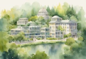 Large commercial property located in a park with a lake. 