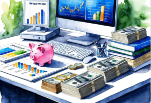 A modern office desk with a computer, financial charts, and investment books. A piggy bank and a stack of cash to symbolize 100K in annual income
