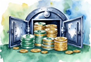 A diverse portfolio of high-quality bonds and defensive assets arranged in a secure vault