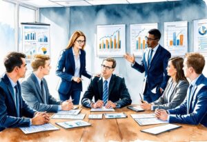 A group of young professionals in a boardroom, discussing personal finance challenges