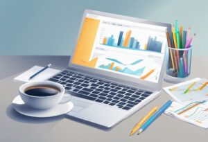 A desk with a laptop and financial documents. A graph reflecting 3 years of investment contributions and returns until there is $100K invested